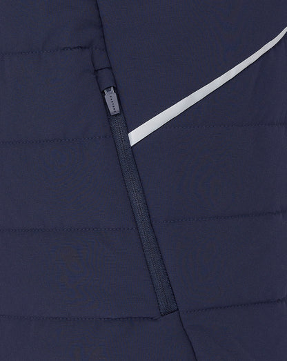 Navy blue jacket with a white stripe on the sleeve