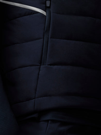Close-up of a dark blue quilted jacket with a zipper.