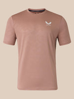 Beige men's short sleeve T shirt with all over print and white Castore logo on left chest