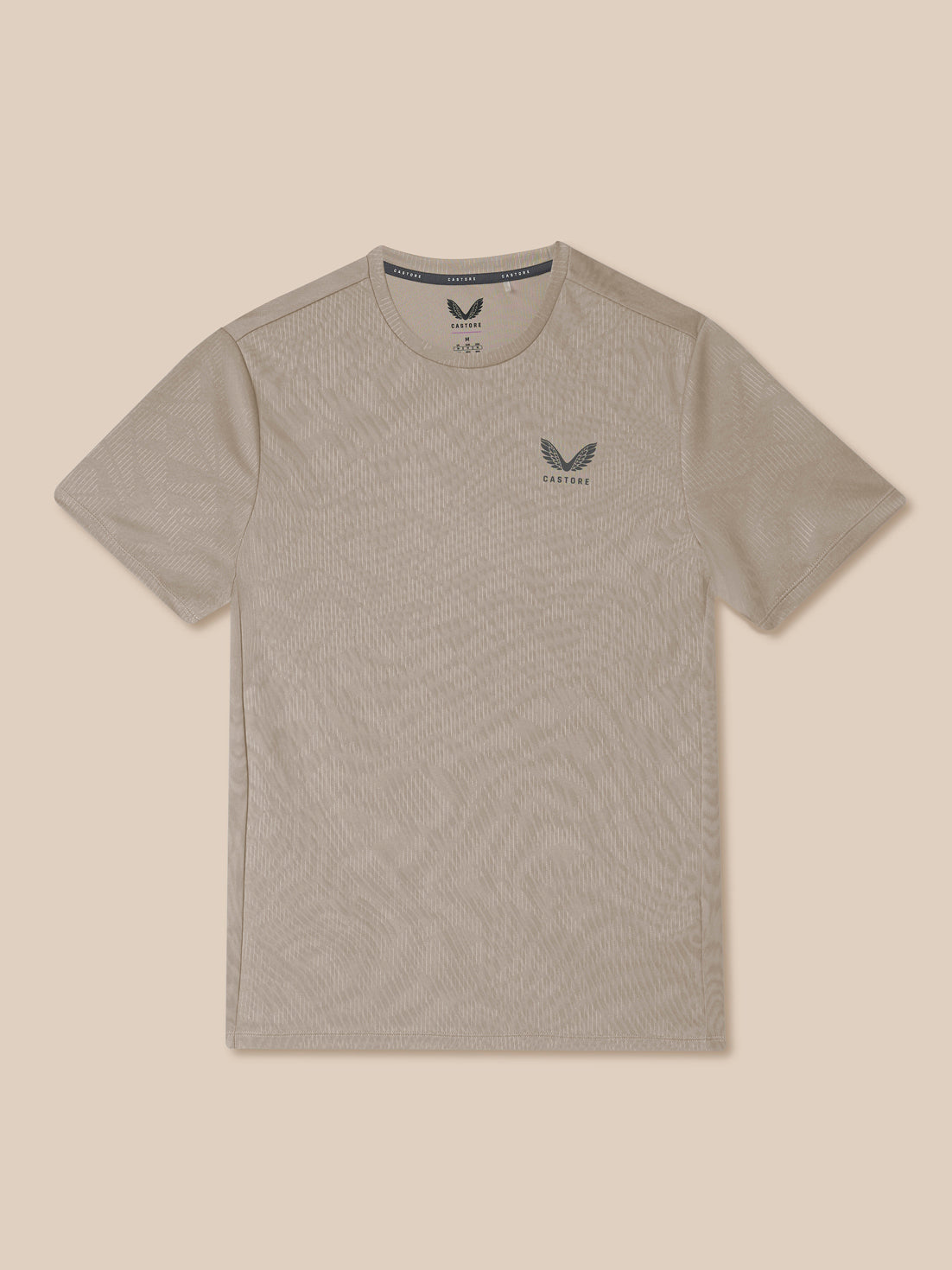 Gray t-shirt with a logo on a beige background