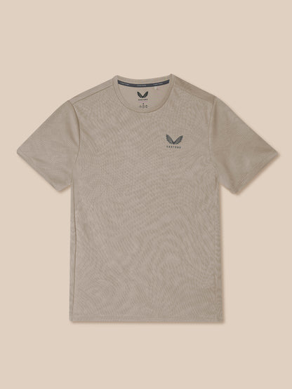 Gray t-shirt with a logo on a beige background