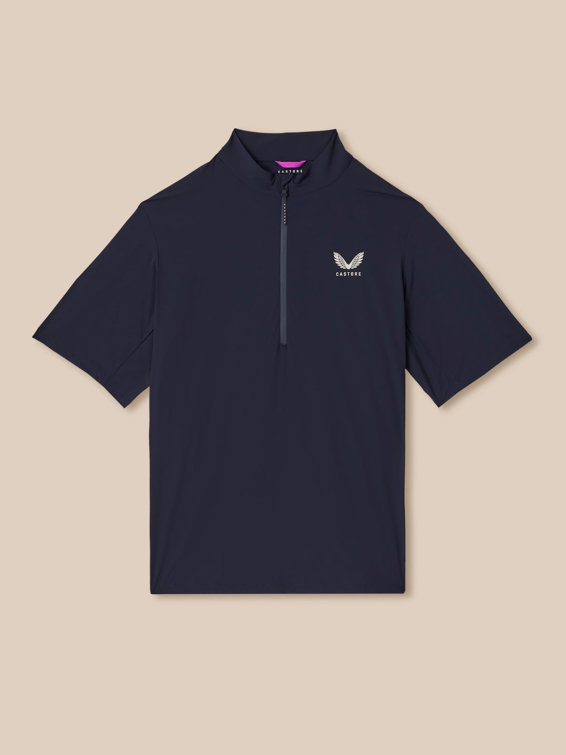 Navy short-sleeve shirt with a logo on a beige background