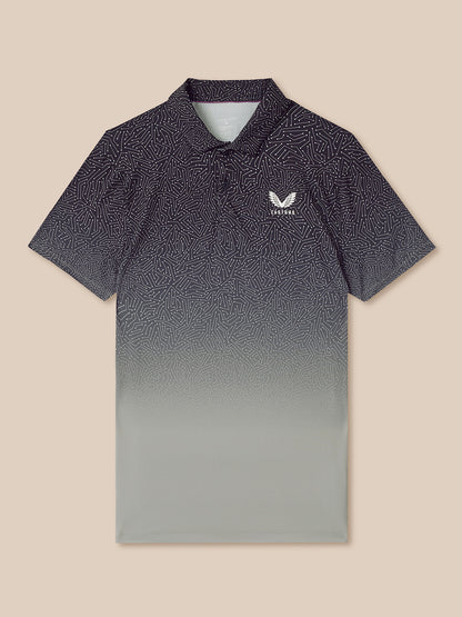 Gradient polo shirt with a logo on a beige background