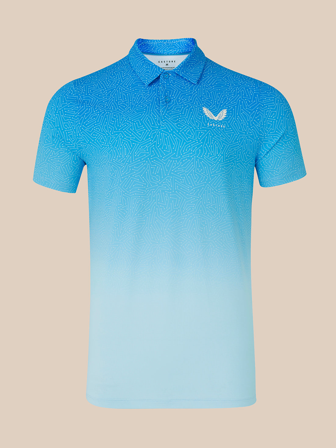 A short-sleeve polo shirt with a blue gradient design, featuring a subtle geometric pattern and a white embroidered logo on the left chest, displayed against a solid beige background.