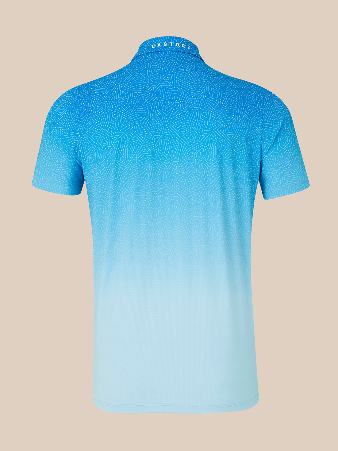 A short-sleeve polo shirt shown from the back, featuring a blue gradient design that fades from a textured medium blue at the top to a very light icy blue at the bottom. The brand name 'CASTORE' is printed in white on the collar.