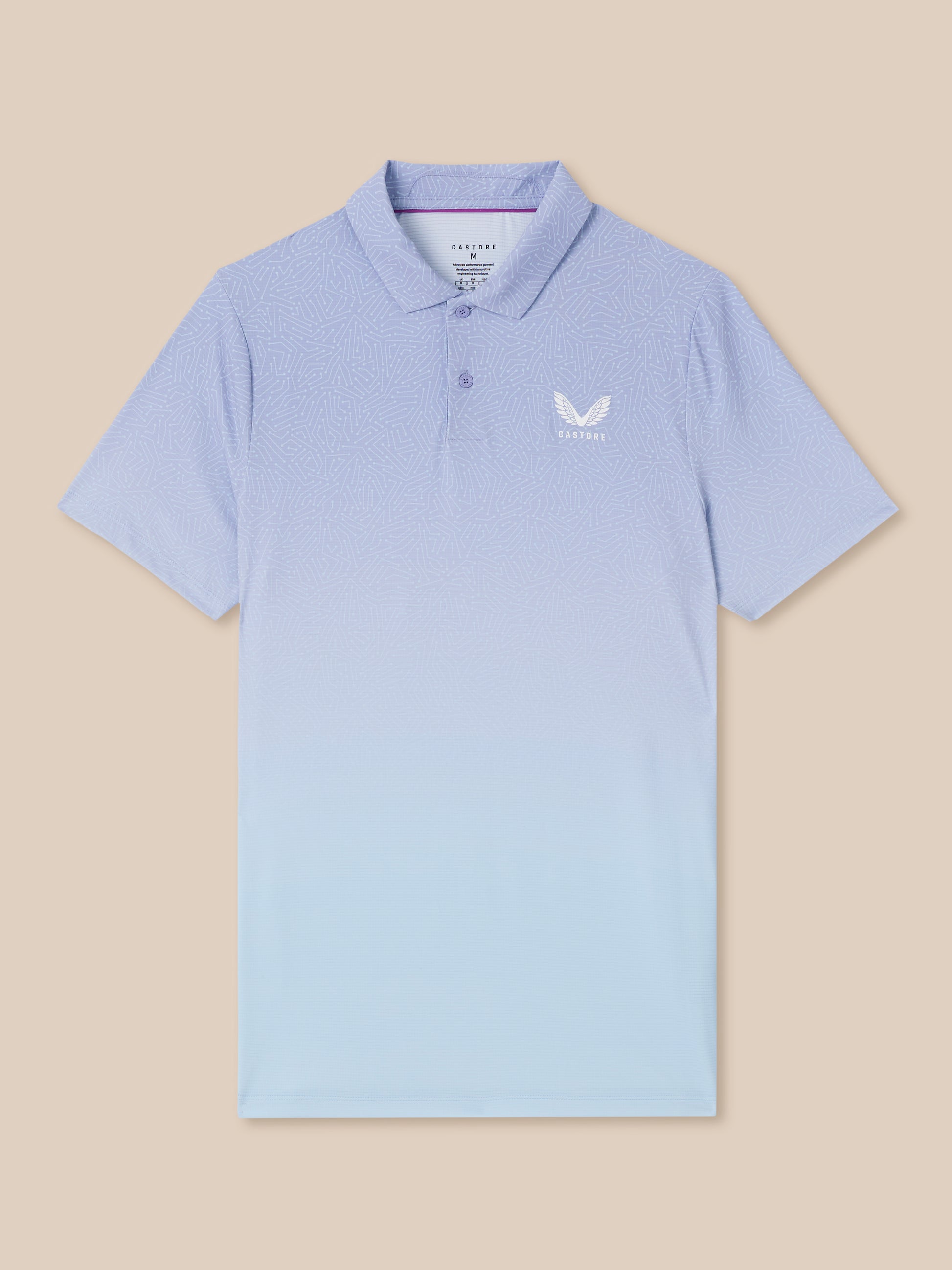 Light blue polo shirt with a small logo on a beige background