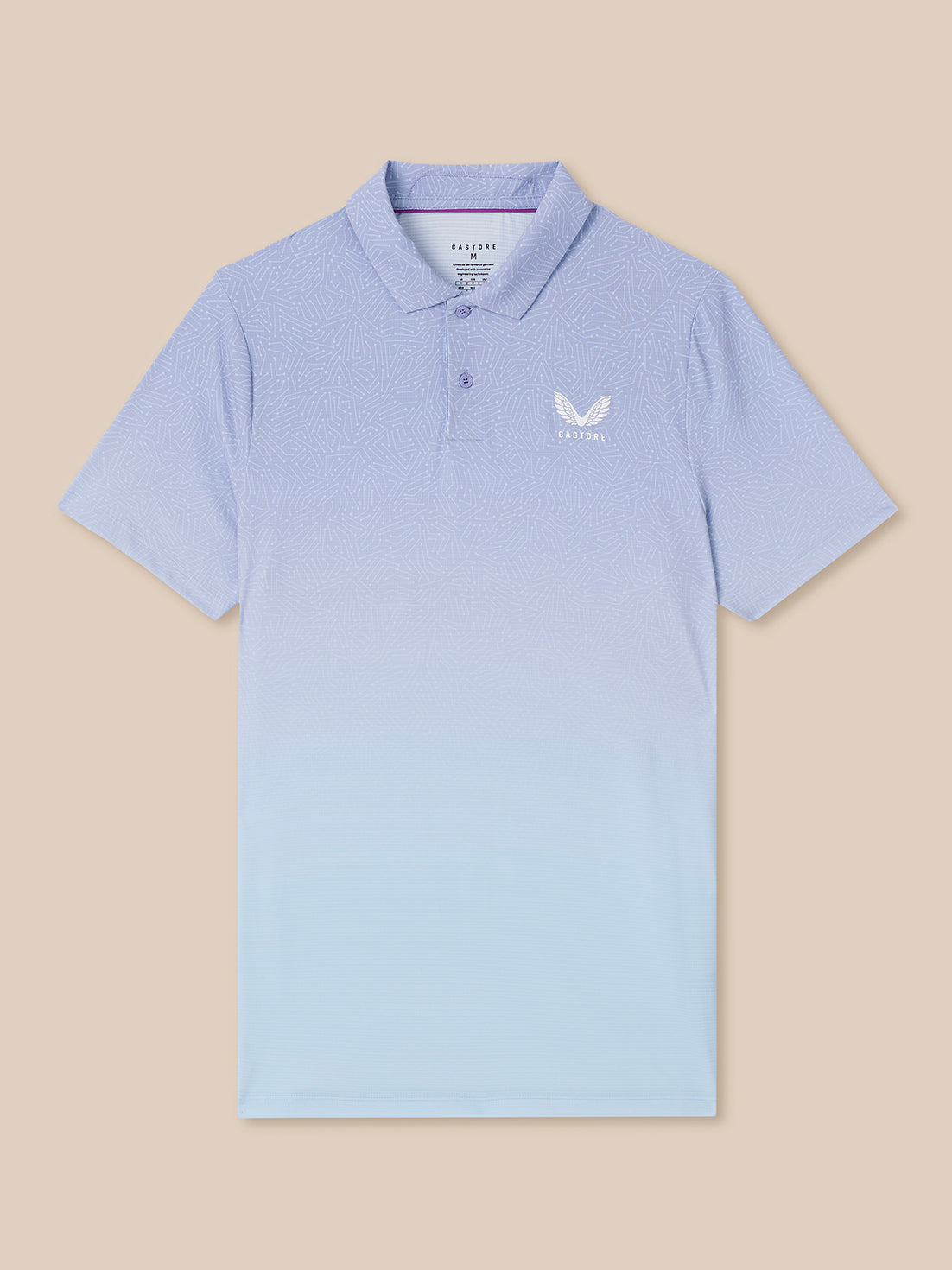 Lavender golf polo with a subtle map-like pattern and a white Castore logo on the chest