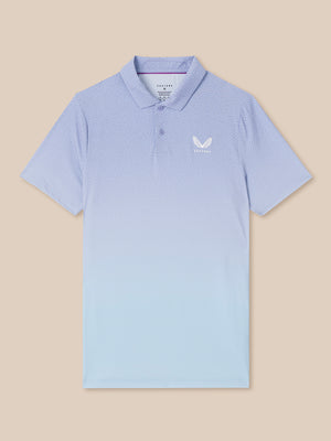 Lavender golf polo with a subtle map-like pattern and a white Castore logo on the chest