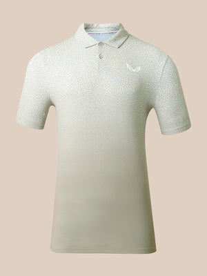 A short-sleeve polo shirt with a subtle tonal geometric pattern, featuring a small embroidered logo on the left chest, displayed against a solid beige background.