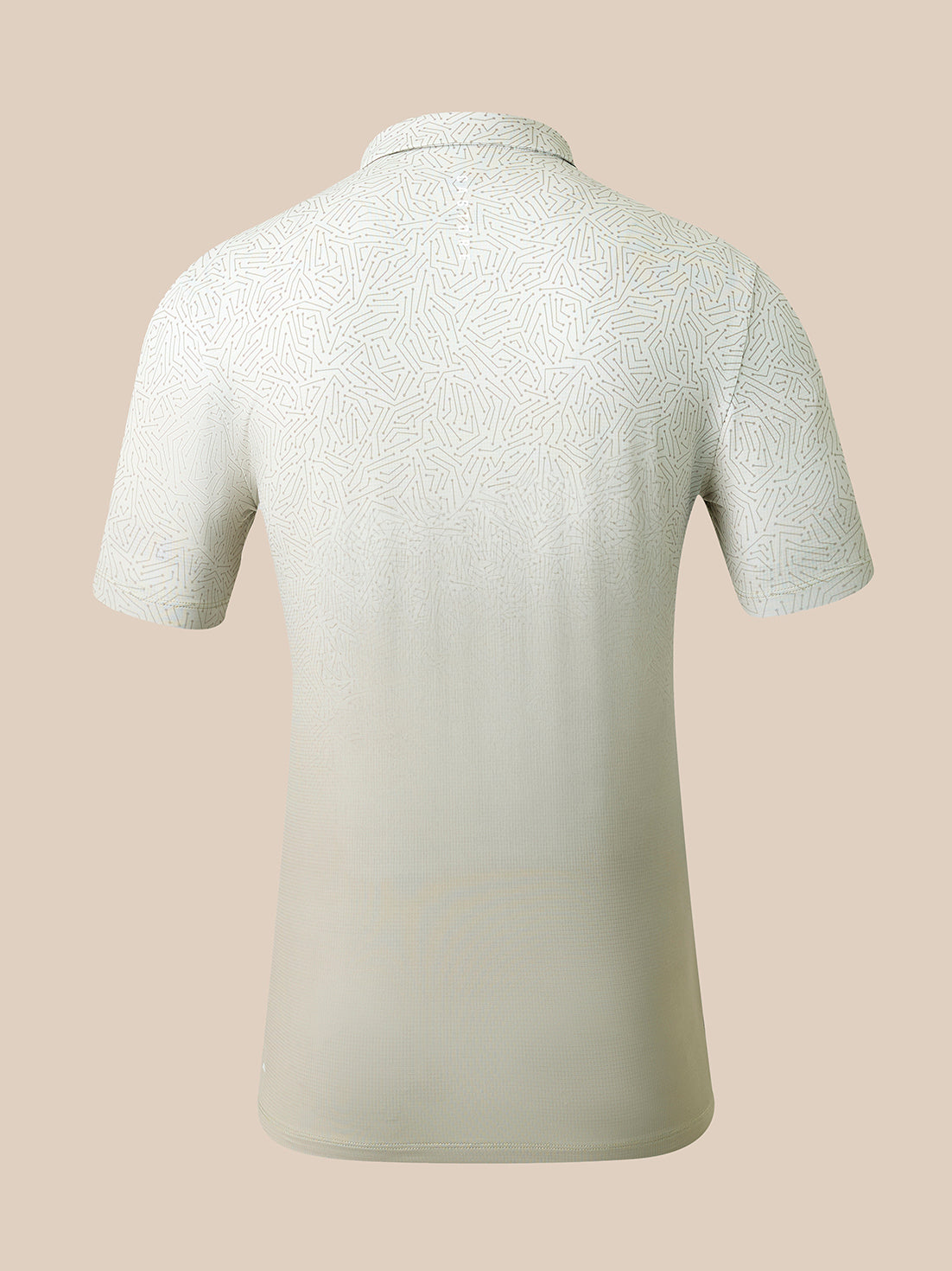 A short-sleeve polo shirt shown from the back, featuring a subtle tonal abstract pattern that fades into a solid light sage green color at the bottom, set against a solid beige background.
