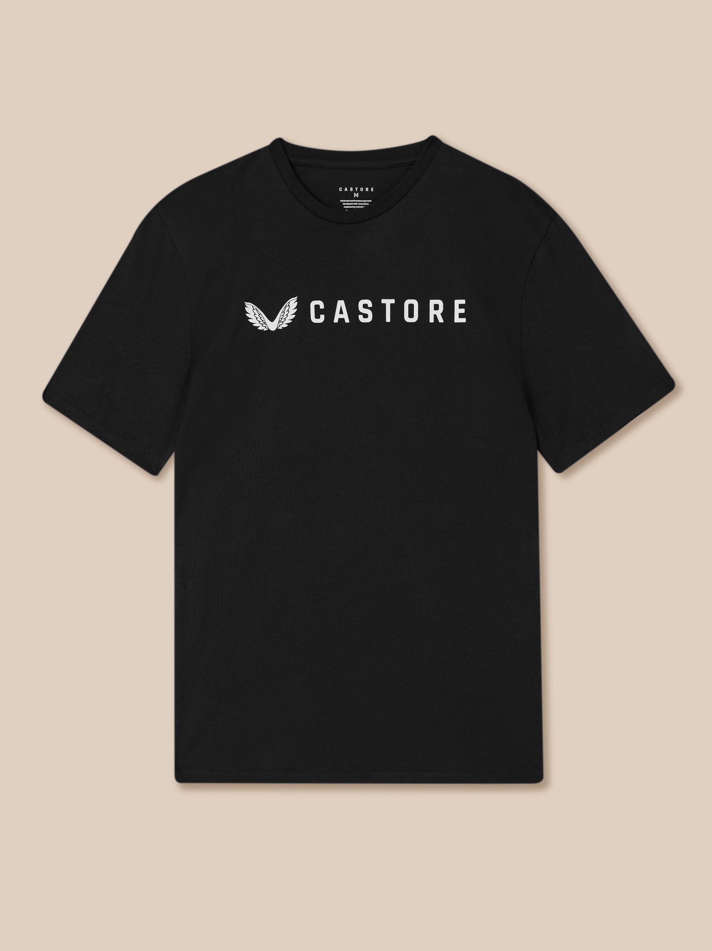 Black t-shirt with 'CASTORE' logo on a beige background