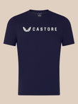 A navy blue short-sleeve crewneck t-shirt with a white Castore wing logo and brand name printed across the chest, displayed against a solid beige background.