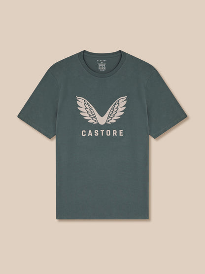 Gray t-shirt with 'Castore' logo on a beige background