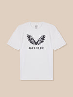 White t-shirt with black logo and text on a beige background