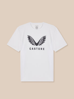 White t-shirt with black logo and text on a beige background