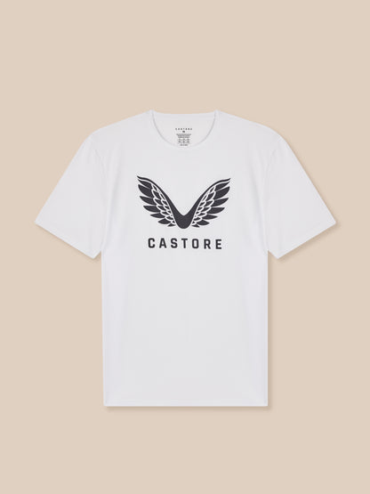 White t-shirt with black logo and text on a beige background