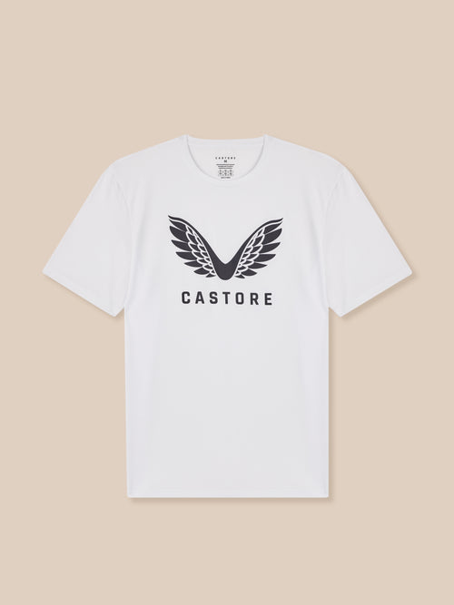 White t-shirt with black logo and text on a beige background