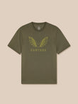 Green t-shirt with winged logo on a beige background