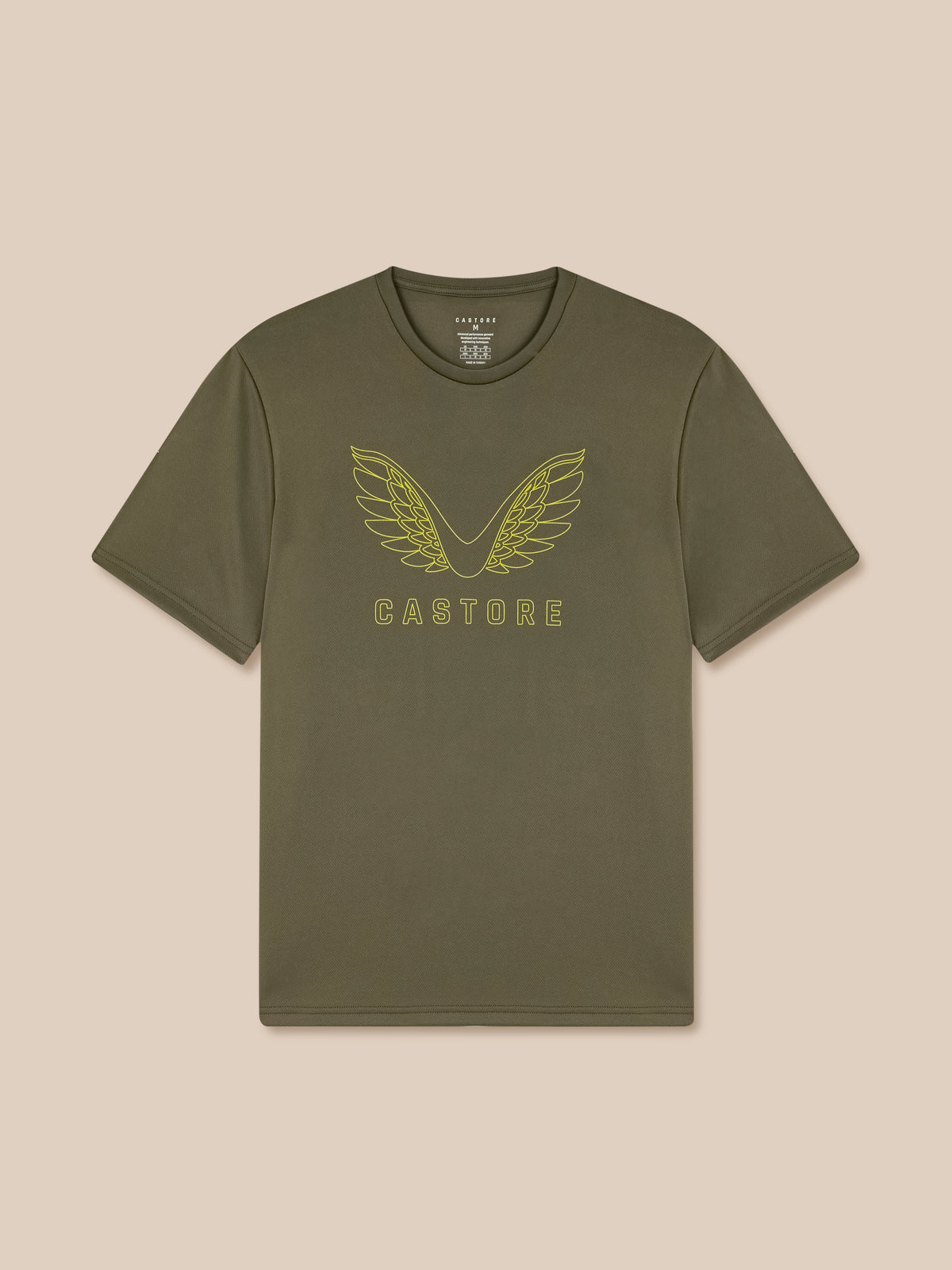 Green t-shirt with winged logo on a beige background