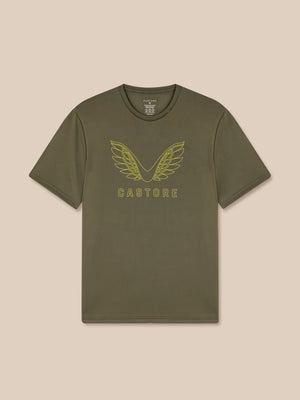 Green t-shirt with winged logo on a beige background