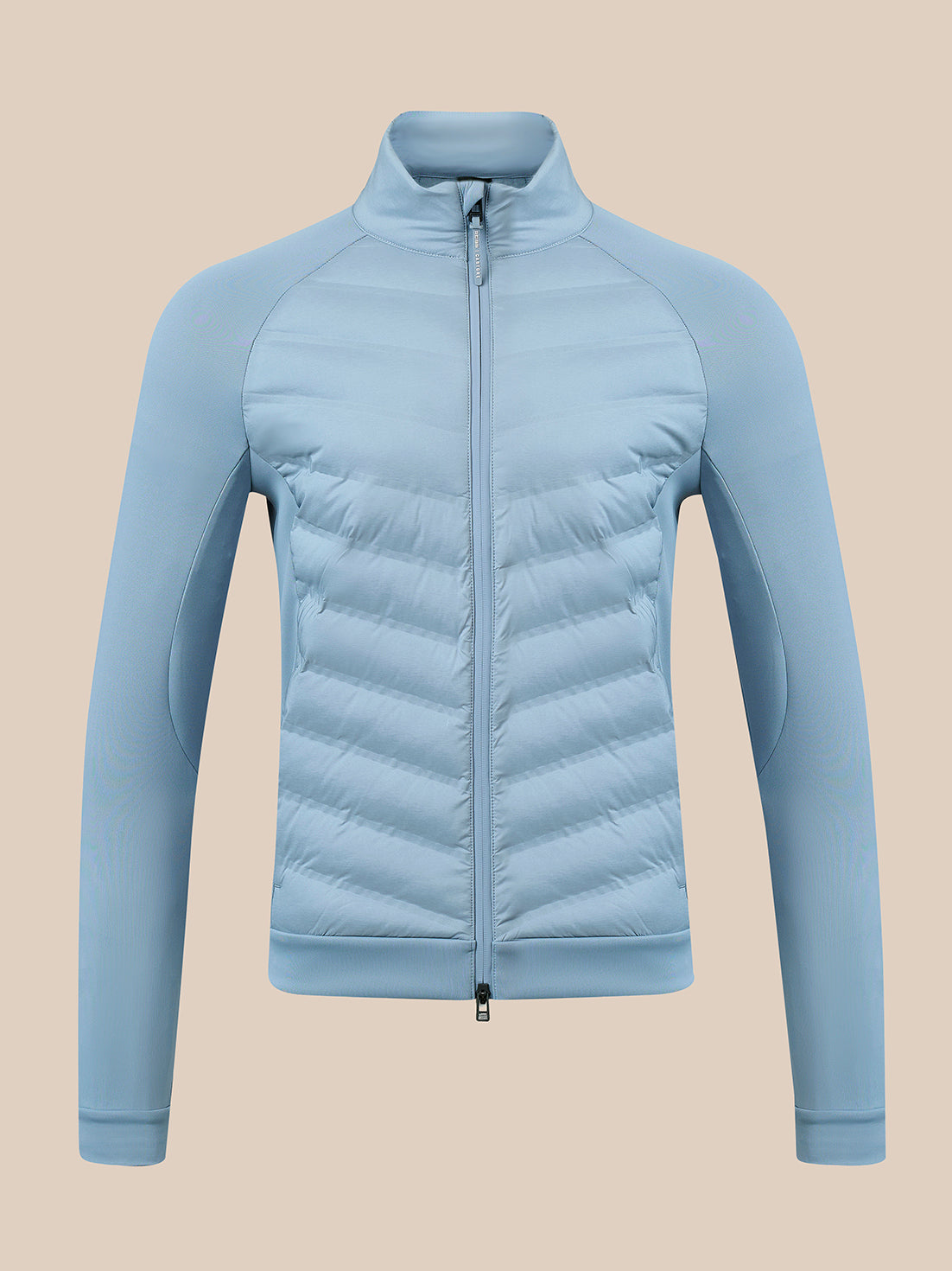 A light blue lightweight zip-up jacket with a stand-up collar and horizontal quilted puffer panels on the front, shown on a solid beige background.