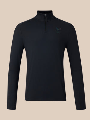 A black long-sleeve quarter-zip pullover top with a small embroidered logo on the left chest, displayed on a solid beige background.