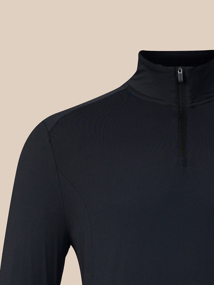 Close-up of a dark navy long-sleeve quarter-zip athletic top, showing the collar, zipper, and shoulder seam against a solid beige background.