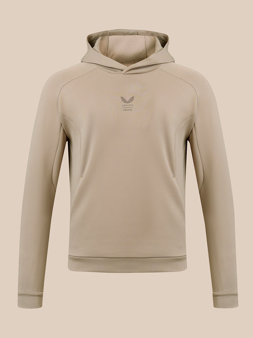 Dustwood colored Reiss Flex hoodie shown from the front with hood and small chest logo