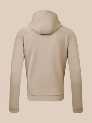 Back view of beige Dustwood Reiss Flex Hoodie with hood