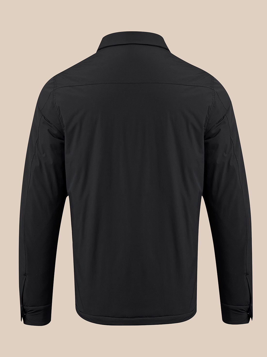 A black long-sleeve collared jacket shown from the back, photographed against a solid light beige background.