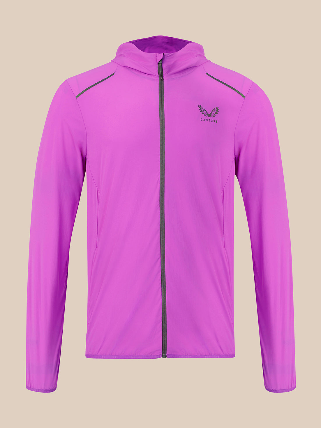 A purple hooded athletic jacket with a full front zipper, zippered shoulder pockets, and a dark gray wing logo on the left chest, displayed against a solid beige background.