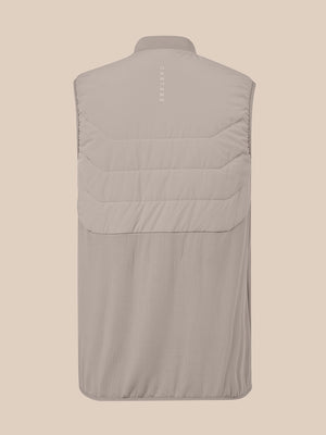 Back view of taupe sleeveless hybrid gilet with quilted upper chest and back yoke and stand up collar