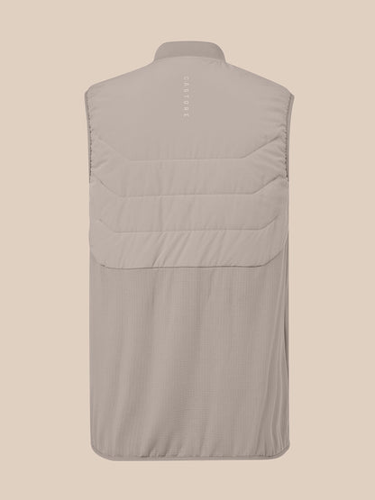 Back view of taupe sleeveless hybrid gilet with quilted upper chest and back yoke and stand up collar