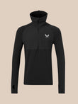 Black long sleeve slim fit thermo top with high funnel neck and half zip at front and left chest logo