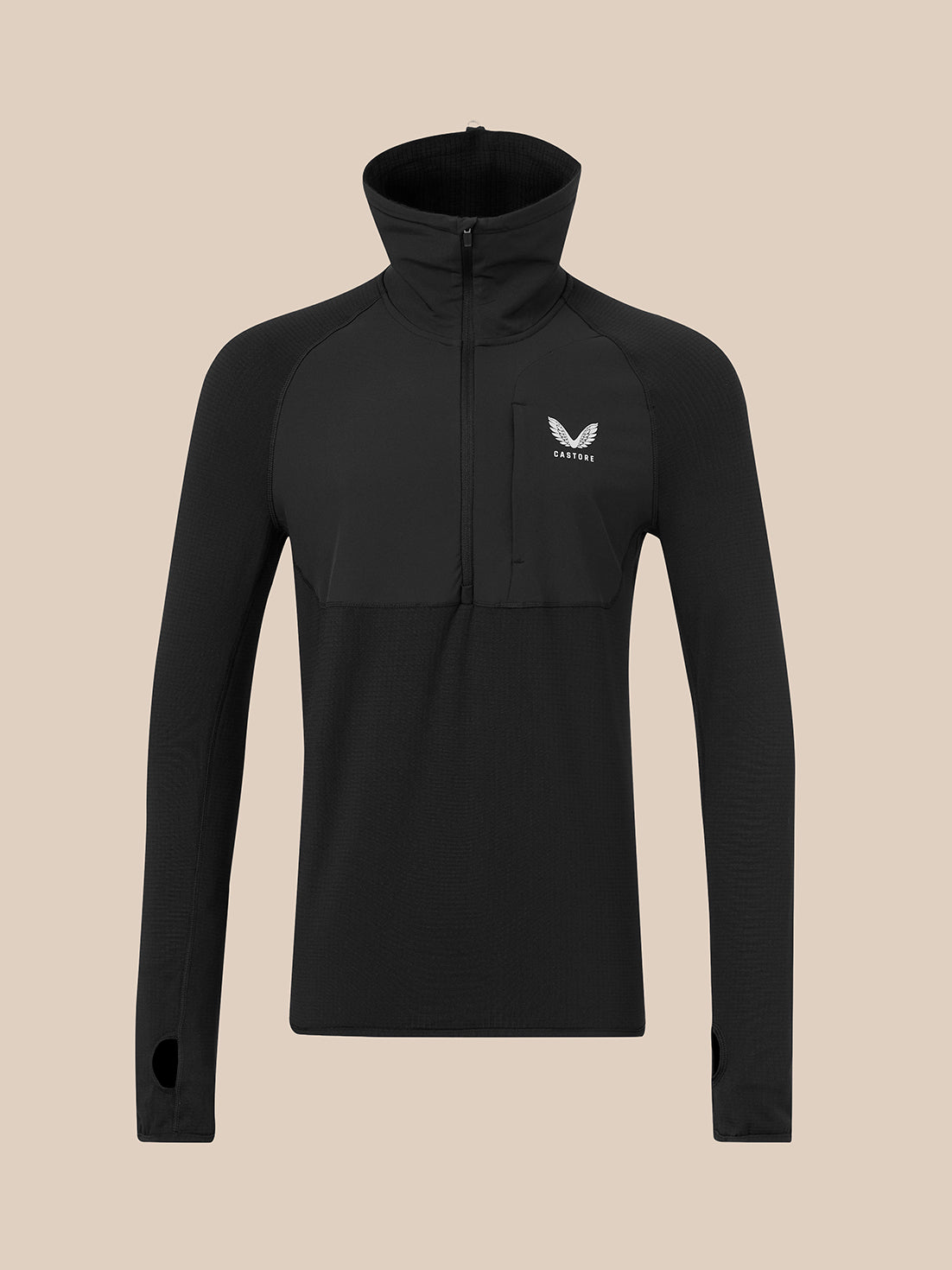 Black long sleeve slim fit thermo top with high funnel neck and half zip at front and left chest logo