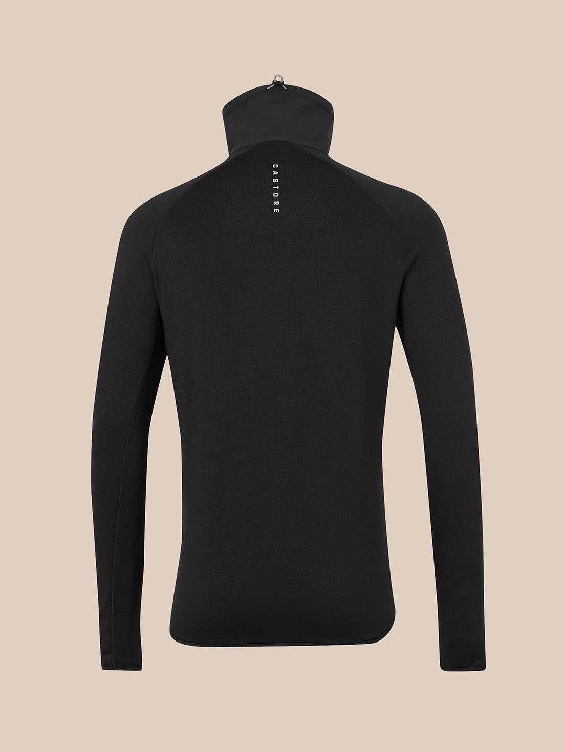 A black long-sleeve mock neck top shown from the back, featuring a small vertical white brand logo on the upper back, displayed on a solid beige background.