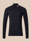 A black long-sleeve mock neck athletic top with a small white logo on the collar, displayed on a neutral beige background.