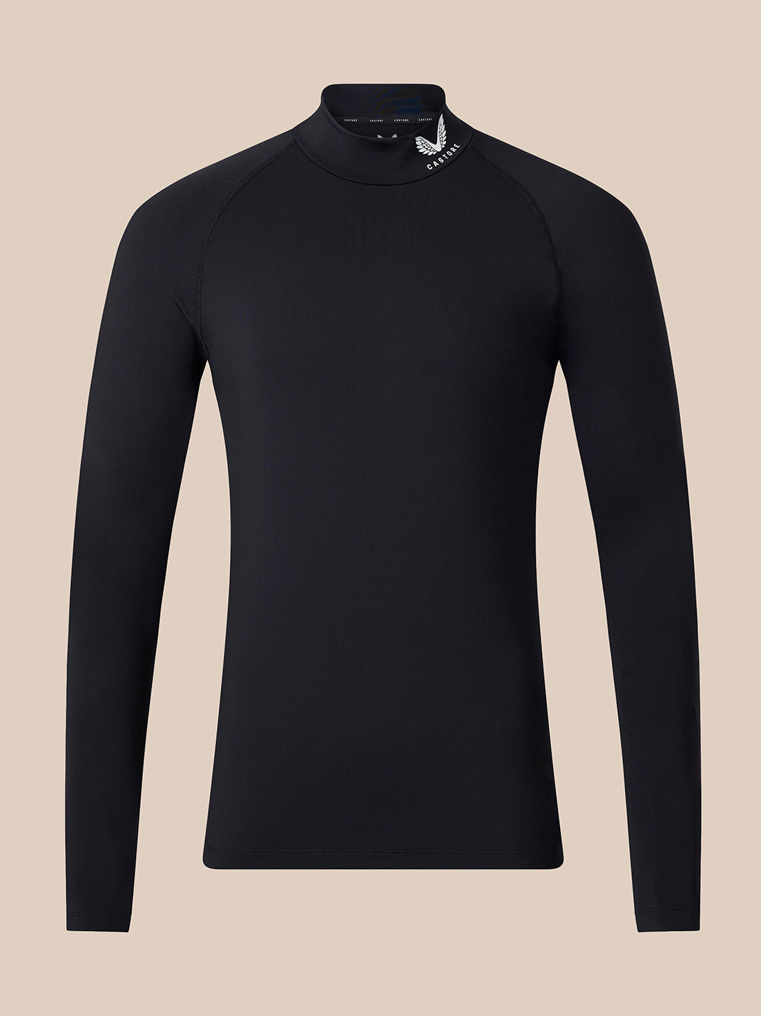 A black long-sleeve mock neck athletic top with a small white logo on the collar, displayed on a neutral beige background.