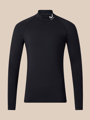 A black long-sleeve mock neck athletic top with a small white logo on the collar, displayed on a neutral beige background.
