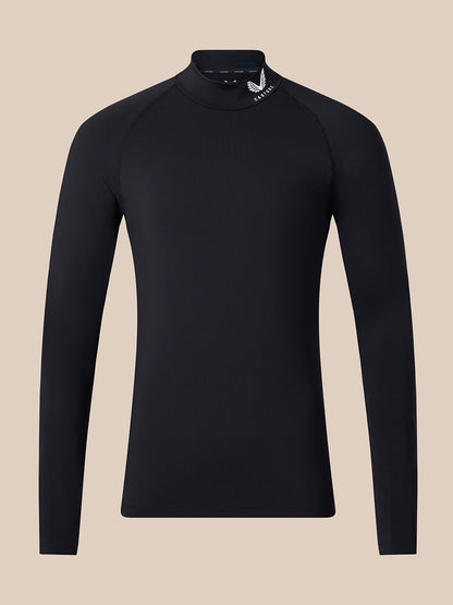 A black long-sleeve mock neck athletic top with a small white logo on the collar, displayed on a neutral beige background.
