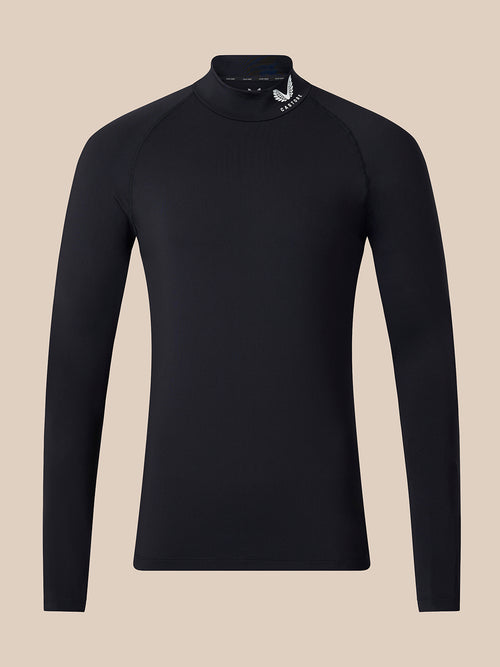 A black long-sleeve mock neck athletic top with a small white logo on the collar, displayed on a neutral beige background.