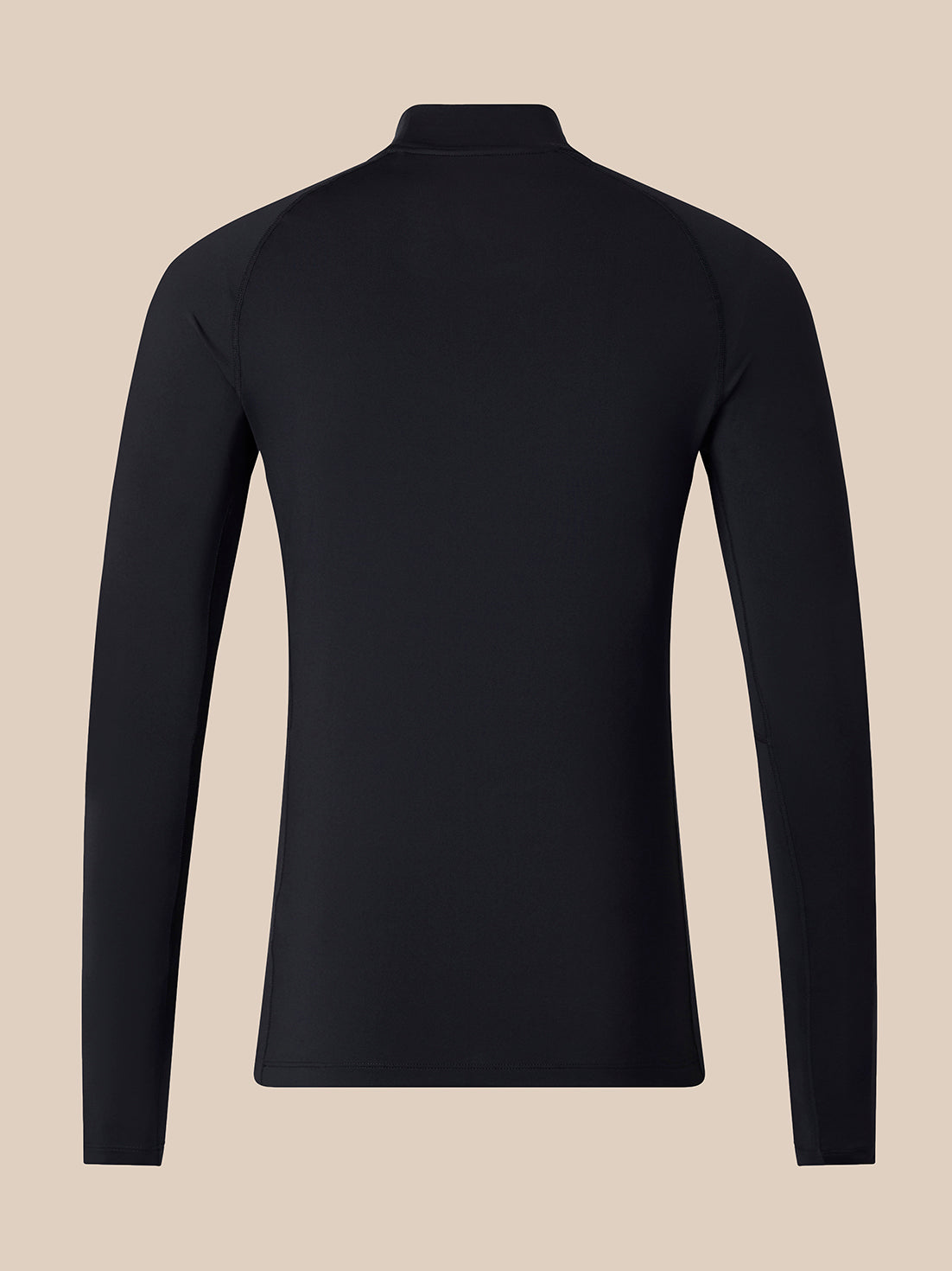 A black long-sleeve athletic top shown from the back, featuring a mock neck collar and raglan-style shoulder seams, set against a solid beige background.
