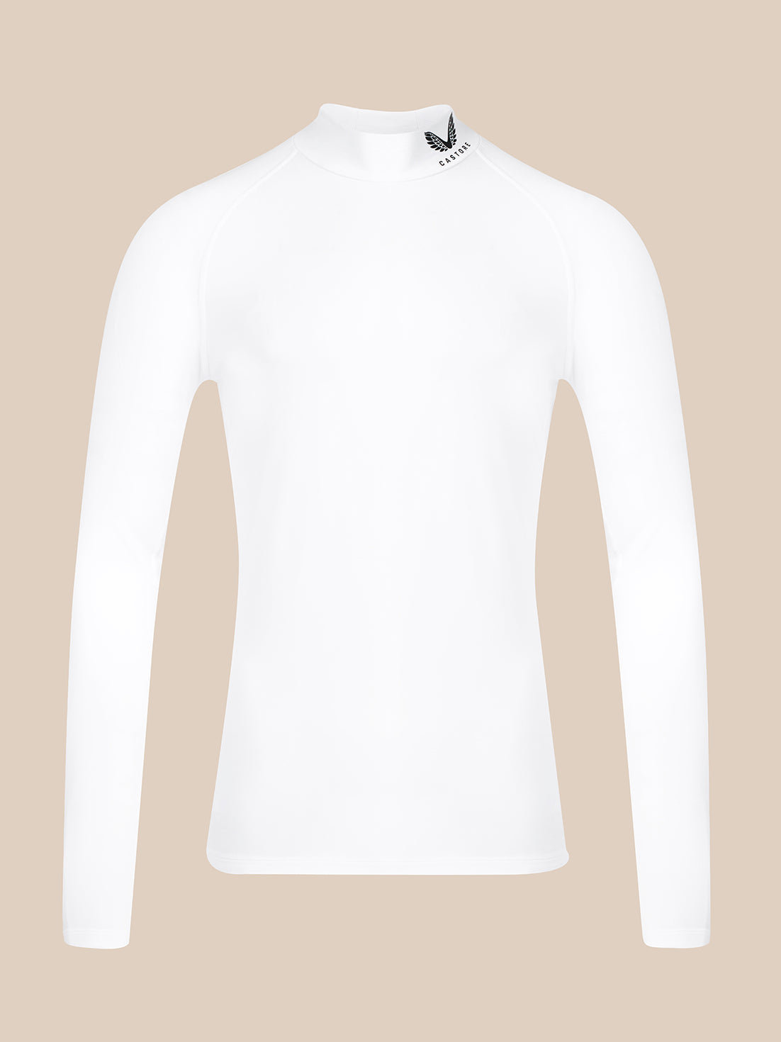 A white long-sleeve mock neck athletic top with a small black logo on the collar, displayed on a solid beige background.