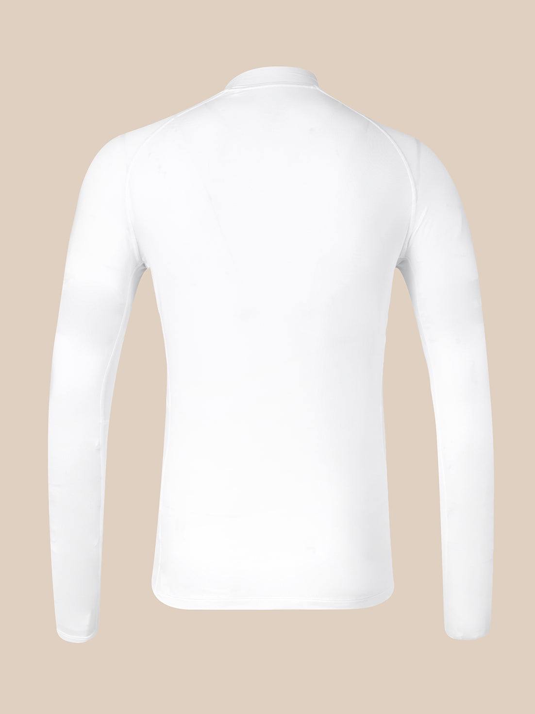 A white long-sleeve athletic top shown from the back, displayed on an invisible mannequin against a solid beige background.