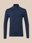 Navy marl knit quarter zip top with stand collar and slim silhouette front view
