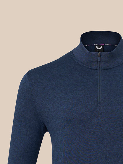 A close-up of a dark blue heathered quarter-zip pullover sweater with a mock neck collar, shown on a solid beige background.