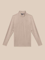 A light beige long-sleeve quarter-zip pullover with a mock neck collar, shown flat against a solid beige background.