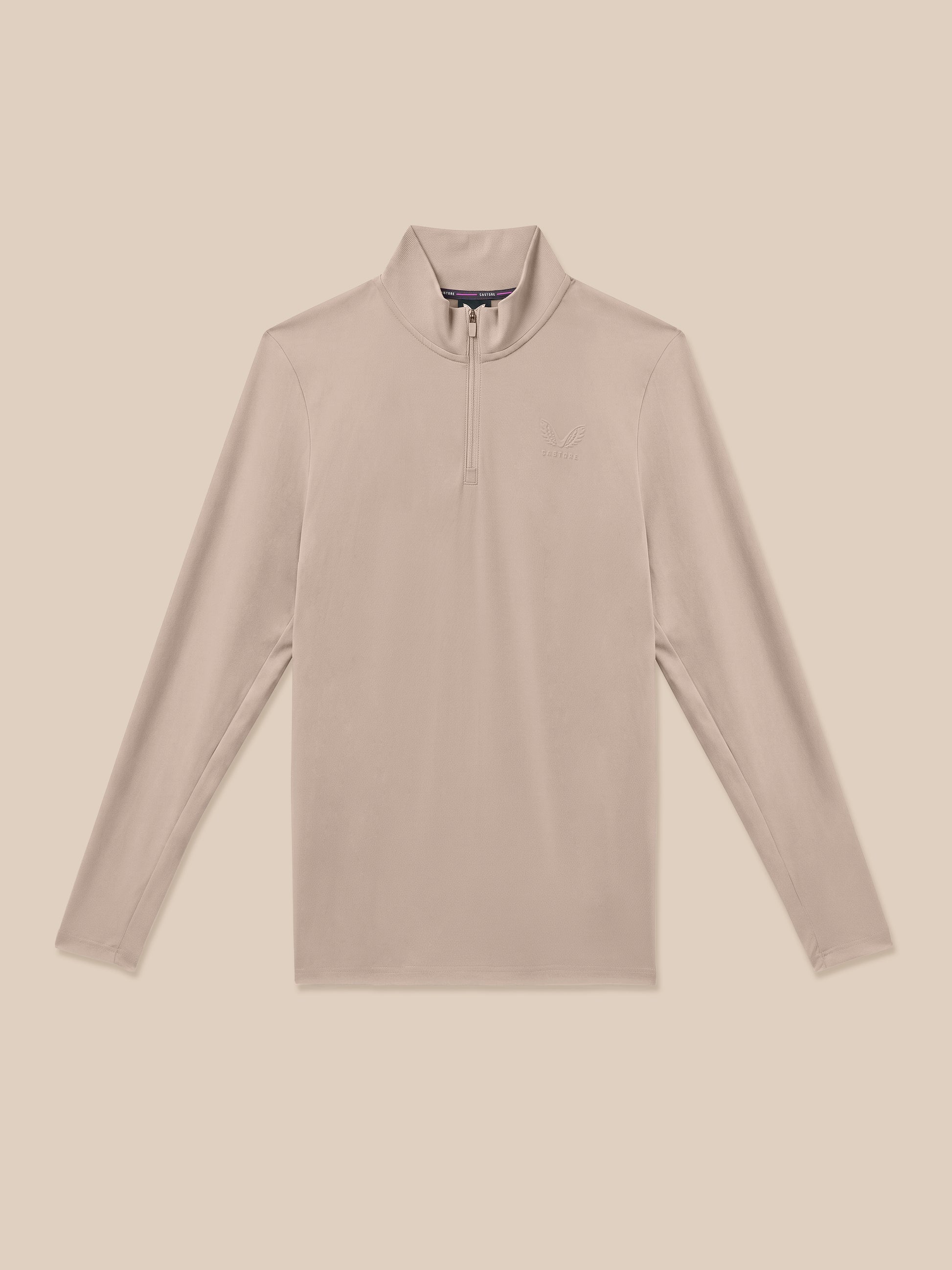 A light beige long-sleeve quarter-zip pullover with a mock neck collar, shown flat against a solid beige background.