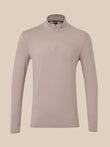 Taupe men's slim fit quarter zip top with ribbed stand up collar and front zip, pocket free.