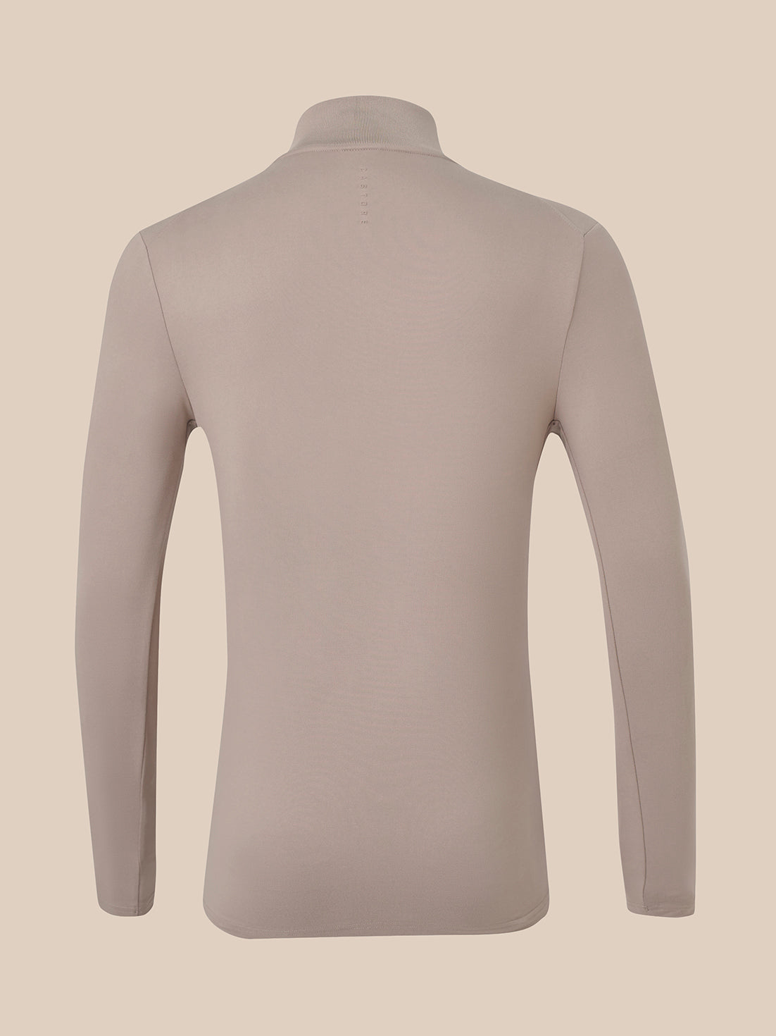 A long-sleeve mock neck shirt shown from the back, in a solid taupe color, displayed on a neutral beige background.